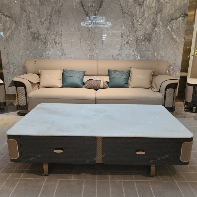 White Marble-Top Coffee Table with Cream Woven Leather Sides and Dark Glossy Frame